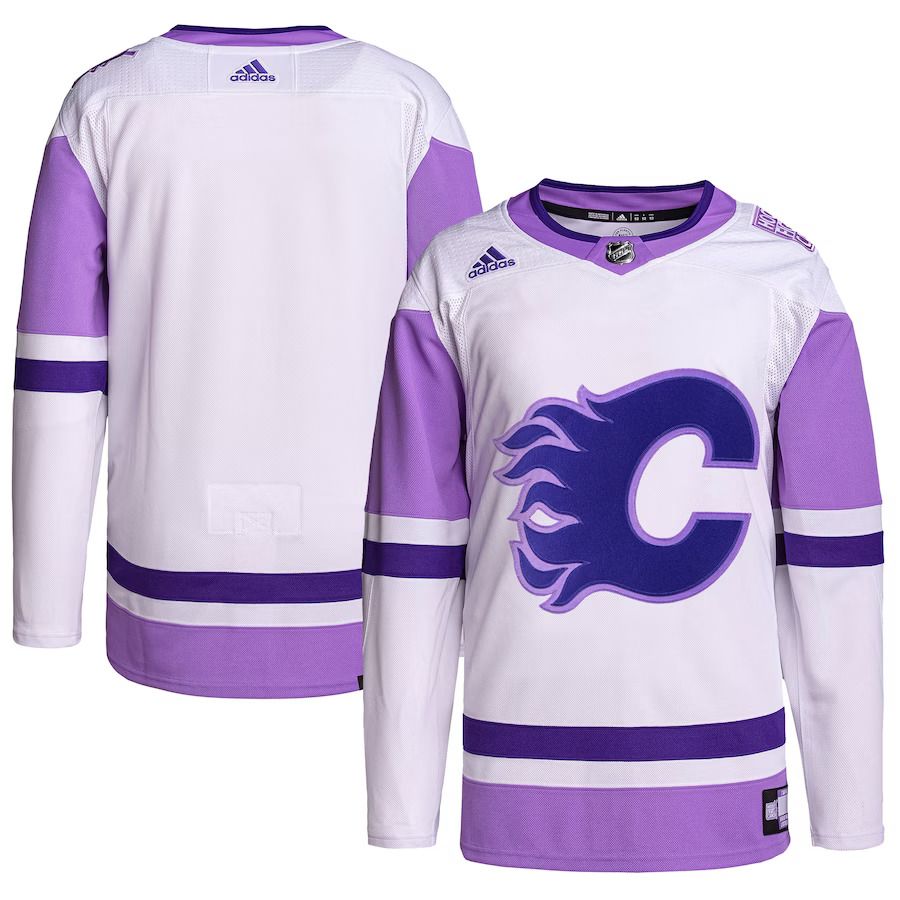 Men Calgary Flames adidas White Purple Hockey Fights Cancer Primegreen Authentic Blank Practice NHL Jersey